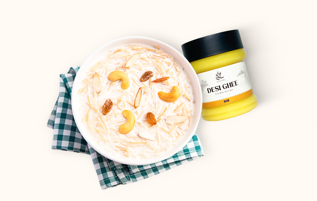 Desi ghee bottle by khaaliss.shop along with sweet sawiyan.. 